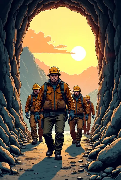 Its an ilustration in comics style. Nowadays. Miners leaving the mine.