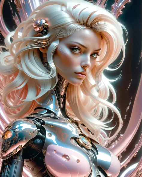  Art style by Noriyoshi Ohrai, Hajime Sorayama, Hiroshi Nagai, (Masterpiece, Top Quality, Super Deatail, High Resolution, Best Illustration), In this captivating photo-realistic image, a futuristic humanoid robot with flowing white hair and metallic access...