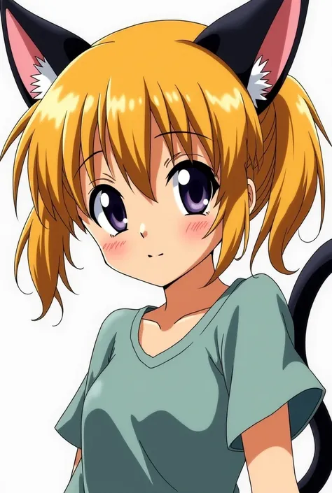 early 2000s anime, big eyes, hard shading, ,old anime artstyle, big eyes, black shading, super detailed,2000s anime, 2000s style anime, spikey blond pigtails, neko girl, loose t-shirt, cat ears, car tail