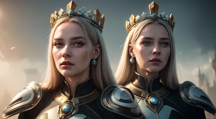 Queen of future with futuristic crown and very cute and very beautiful (in style of Dariusz Zawadzki:1.2), disgust, Realism, backlighting, award winning, textured skin