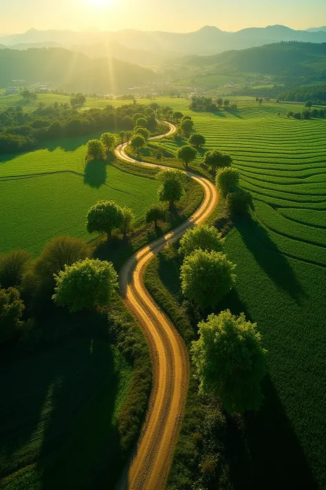 "A mesmerizing aerial view captures a tranquil countryside scene, where a narrow dirt road winds gracefully through lush green fields and clusters of tall, vibrant trees. The fields, cultivated with precision, create a patchwork of deep greens, while the g...