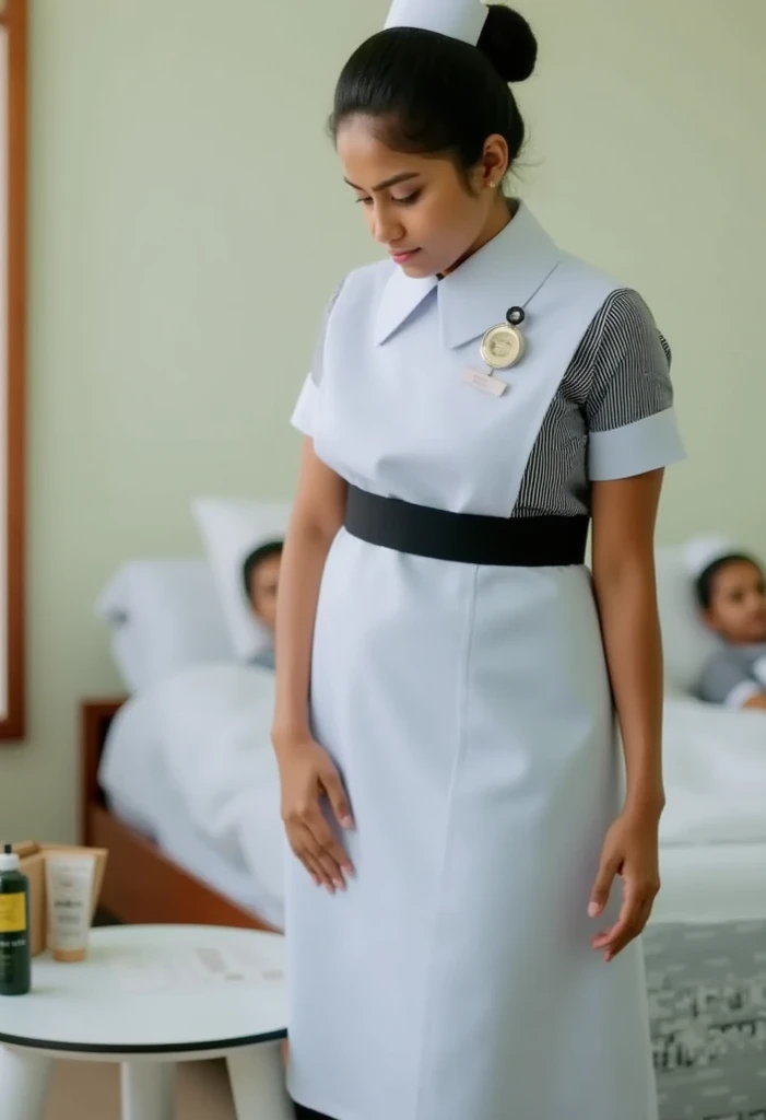 Sri Lanka, 1 girl, 1st year nurse uniform, black belt, brown full body, black bun hair, showing her hairy vagina to a patient, (Best Quality, 4k, 8k, High , Masterpiece:1.2), (  Realistic, Photorealistic, Photo-Realistic:1.37), HDR, UHD, Vivid Colors, Phys...