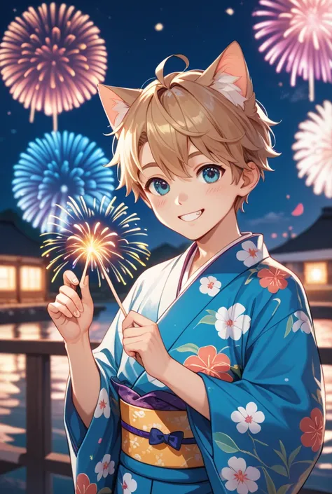 Cute cat cat boy wearing kimono with soft smile cute face تفاصيل عالية, تفاصيل, جودة عالية, مفصل جدا, دقة عالية, holding fireworks on his hand, 