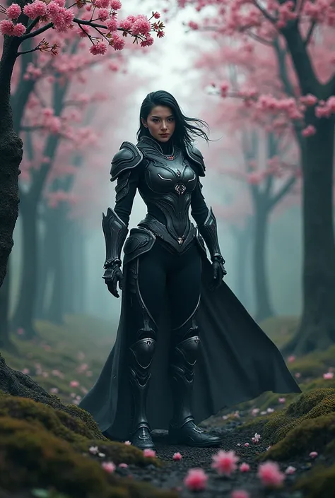 Japan female knight in futuristic armor, in the middle of cherry forest, dark and moody