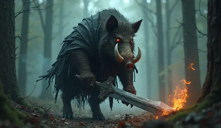 A humanoid wild boar assassin with fierce, glowing red eyes and tusks that curve menacingly from its broad, muscular face. The boar is cloaked in a tattered, dark cloak that blends with the shadows of a dense, misty forest. The ground beneath its hooves is...