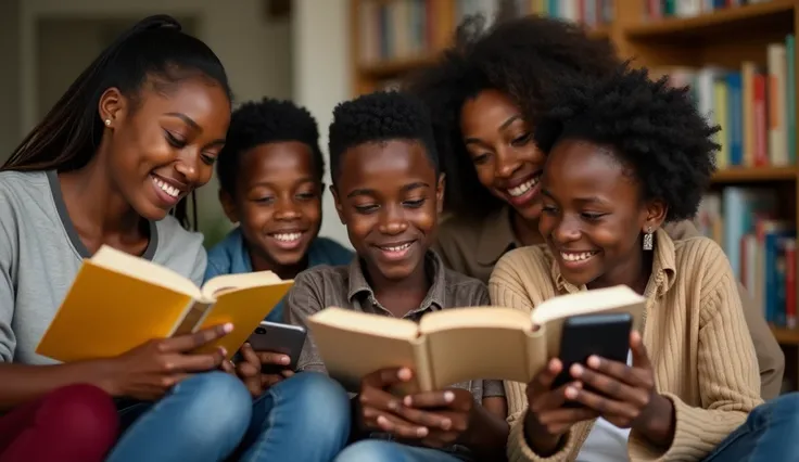  is an inspiring picture showing diverse readers  (ren, young people, and adults )  reading Aminas stories through printed books or smart phones. .  Amina can be in the background, looking at them with a proud smile. Just men 