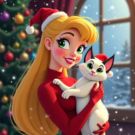  Very bright Disney cartoon style  , Jessica Rabbit ,  christmas , warm tones ,   young 18 years old with an athletic and slim physique,   girl with square straight blond hair,   side view, , holds a long, skinny healthy white cat with black stripes on the...