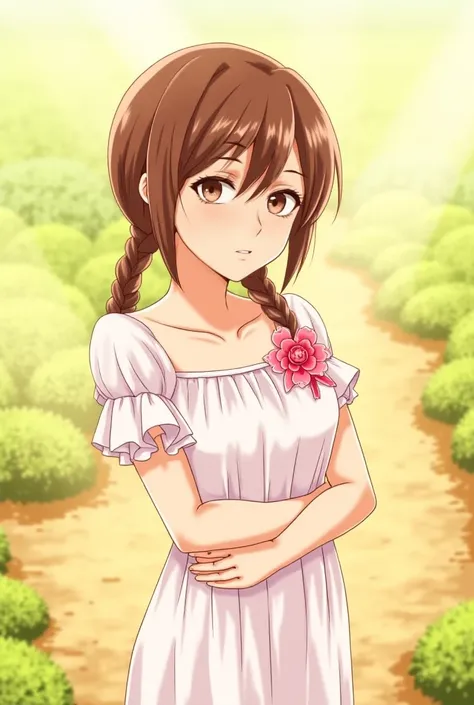 Using this reference image make better quality, masterpiece ,project ,warm, outdoor,landscape, small breasts , with his hands around his waist,loose sleeves, ruffled sleeve , flower ruffled sleeves , upper body ,standing,armpit peek,1 ,  brown hair,pink fl...