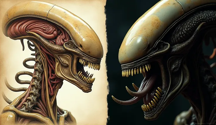 On the left side, a detailed depiction of the anatomy and biology of the Xenomorph, showcasing its internal structure, organs, and skeletal system in a scientific and artistic style. On the right side, a close-up view of the Xenomorphs face, emphasizing it...