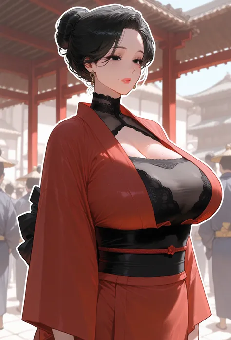 ((black hair), hair in a bun), (black eyes, perfect eyes),
wearing a red oriental kimono (fully dressed shoulders:0.7+kimono covered shoulders:0.7), 
((black sheer bust panel:1.3), bust transparency only), 
standing in an eastern village, samurai in the ba...