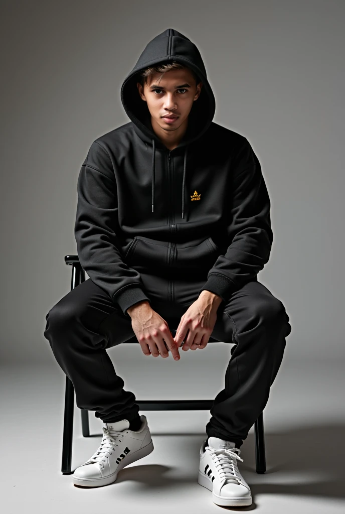 
a man sitting on a chair in a black hoodie and white sneakers, wearing a hoodie and sweatpants, wearing a tracksuit, wearing a track suit, wearing jeans and a black hoodie, outlive streetwear collection, wearing a black hoodie, techwear look and clothes, ...