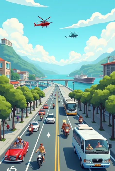 A clipart of one lane street with different types of vehicles like car, bus, van, foot bike, motorcycle, jeep. People riding the vehicles. A train station with a train parallel to the road. There is a sea nearby with a ship and a boat. Foot bicycle on bike...