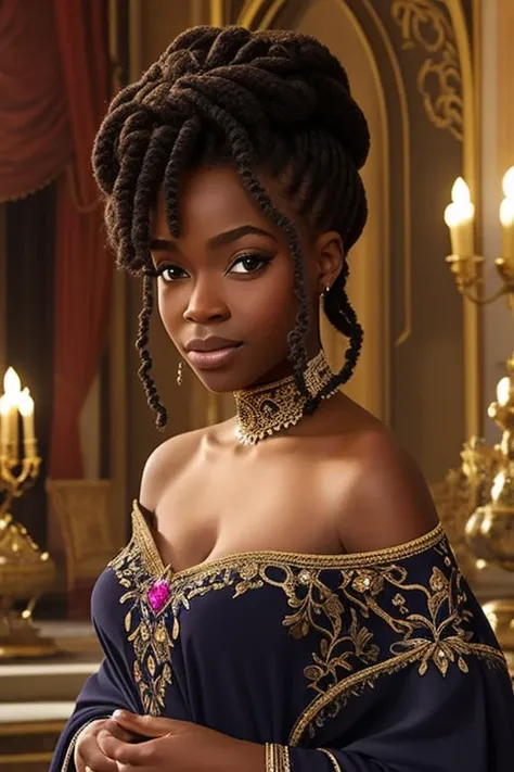 Une jeune femme noire noire  avec de belles rondeurs vêtue comme une princesse, portant une robe élégante et fluide avec des motifs dorés complexes, ornée de bracelets, chaînes et bagues en or. Ses cheveux sont coiffés en un chignon élaboré afro, décoré de...