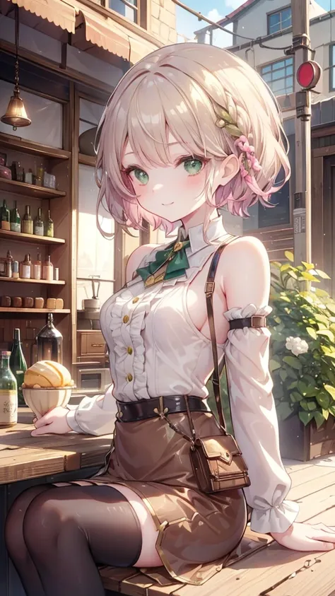  bronze hair with cheese、 Medium Short Hair、 braids、pattsun maegami、Slanted Eyes、 green eyes、smile、Pink Cheeks、 Natural Lips 、 shoulder out、 Bronze Colored Clothes 、Steampunk clothing、 skirt 、 girl、 Green Test Tube 、Silver Coin Bag 、sit、 Steampunk City 