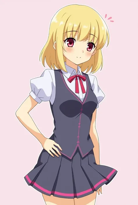 Please,  generate images
Character from the Anime Jujutsu

Name :  Akira Yagami
genre : Female Age: 15 -16
Appearance :  blond hair with pink highlights around the chest , crimson eyes,  school uniform modified to be a bodysuit and skirt instead of a blous...