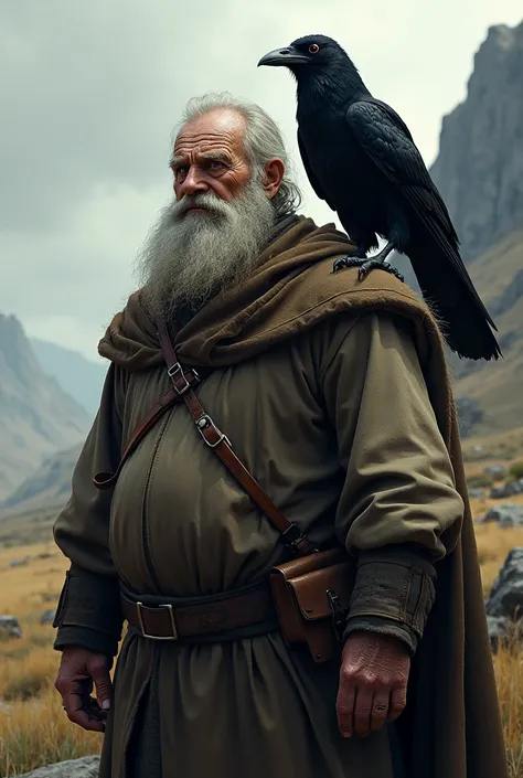 Old man with bulky body and crow over his shoulder 