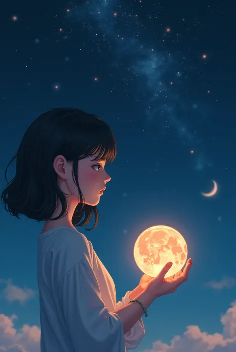  A girl who was seeing a planet while holding it, Its background is the space , anime