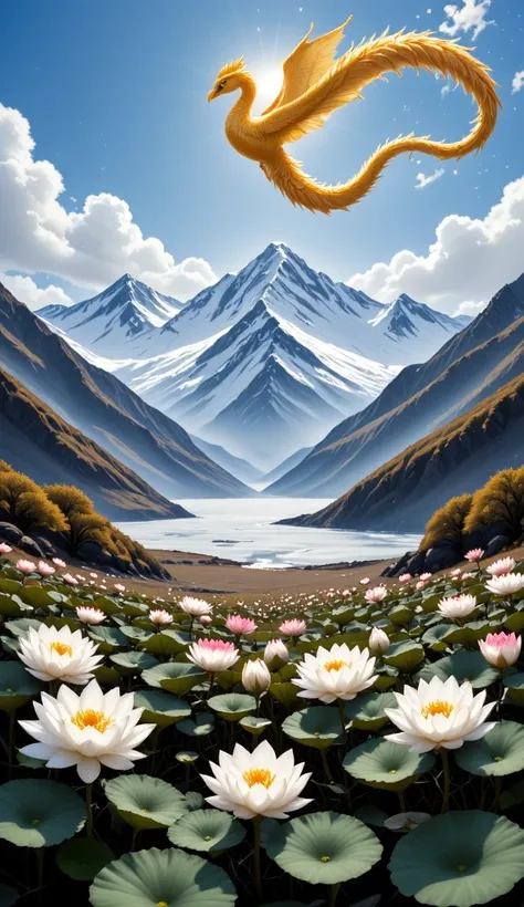 The majestic Tianshan Mountain , snow lotuses bloom like a wonderland , golden phoenix wants to fly , against the backdrop of snowy mountains, making it even more sacred, blue sky and white clouds intertwine , reveals fantasy in serenity , oil painting sty...