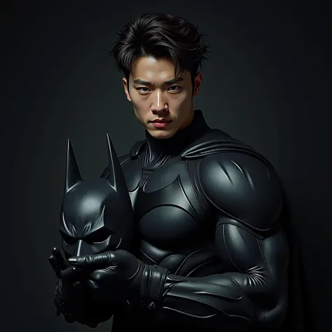 Jungkook in batman suit, handsome jeon jungkook in a batman suit, messy hair, holding a batman mask