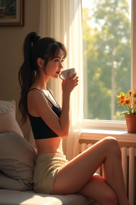 In a cozy home, she gazes out the window at the view, wearing a black crop top and beige short tights. She sips her coffee as the shot is taken from her left side.