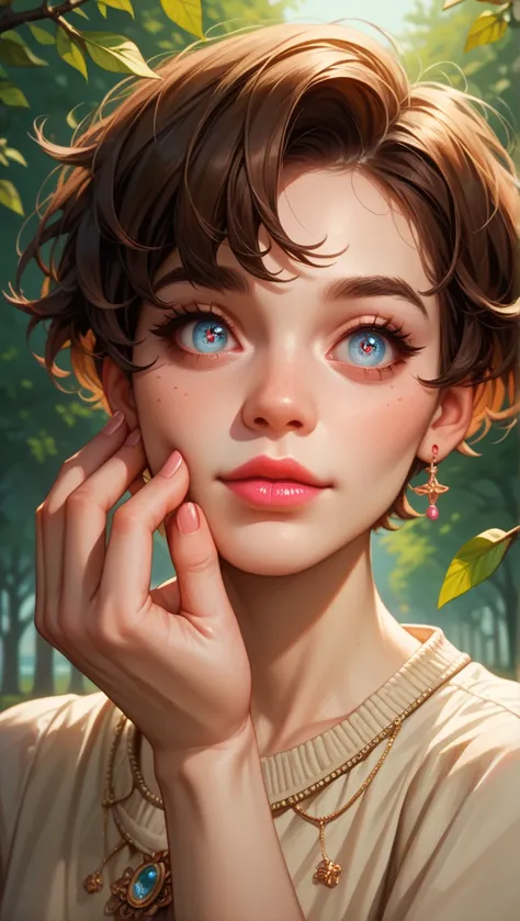  Draw a 20-year-old woman, pale skin red cheeks , parts, dark brown hair, very short hair,  almond eyes , original clouth, 1.90m tall, pink lips, alone, perfect hands, perfect eyes,  park background