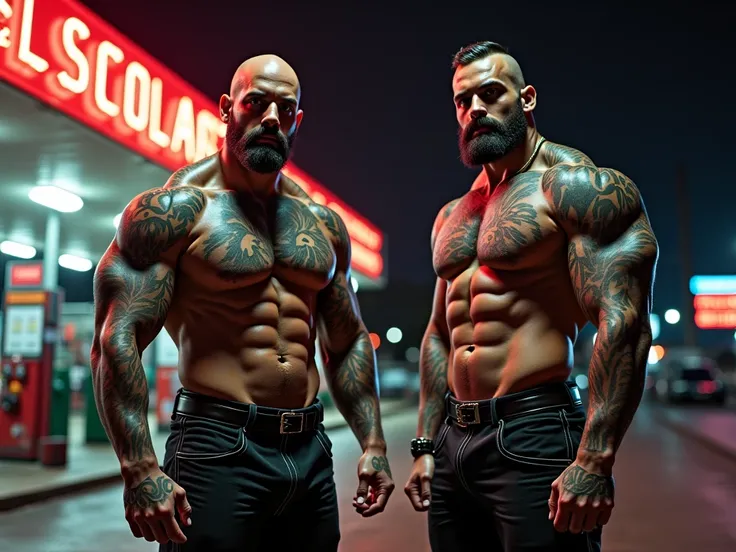 Two big brutal muscular shaved-headed bearded tattooed bodybuilders in black leather pants stand at night in an old American suburban deserted gas station, night, neon signs, their powerful muscular pumped up bodies completely covered with tattoos