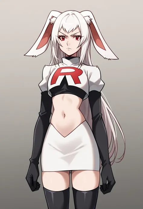 score_9, score_8_up, score_7_up, source_anime,
tyuule, tyuule, long hair, animal ears, white hair, rabbit ears, red eyes, fur, furry, body fur, white fur,
navel, bunny girl, 
looking at viewer, cowboy shot, solo, team rocket,team rocket uniform,white skirt...