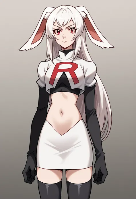 score_9, score_8_up, score_7_up, source_anime,
tyuule, tyuule, long hair, animal ears, white hair, rabbit ears, red eyes, fur, furry, body fur, white fur,
navel, bunny girl, 
looking at viewer, cowboy shot, solo, team rocket,team rocket uniform,white skirt...