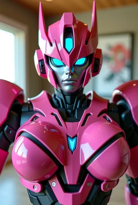  Arcee the autobot from transformers in the family room. Looking at and standing up super close to the camera like a selfie 
Arcee robot face
Dark pink metallic autobot 
Small smile
Massive  robot breasts
Beautiful  eyes