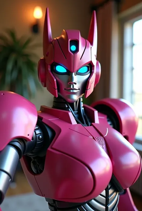  Arcee the autobot from transformers in the family room. Looking at and standing up super close to the camera like a selfie 
Arcee robot face
Dark pink metallic autobot 
Small smile
Massive  robot breasts
Beautiful  eyes