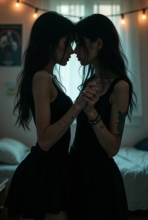 Emo teen girl waltzing with emo teen girl in the bedroom 