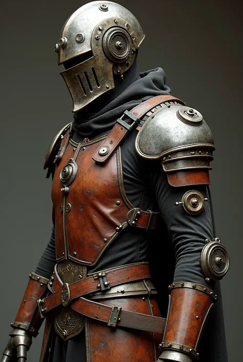  A rustic and technological for a skinny character of 1 ,75m,  with details that mix medieval and steampunk .  It is composed of worn metal plates and reinforced leather ,  with a structure of visible gears and steam tubes , that emit a faint bluish light....