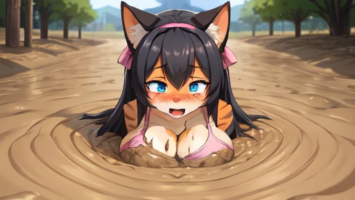 1girl, solo, (furry orange cat girl:1.2), black long hair, blue eyes, (large breast:1.2), BREAK, (pink camisole:1.2), spaghetti strap, hairbow, anime face, animal ears, animal nose, animal fur, half upper body, Quicksand, Quick Sand, arms stuck in quicksan...