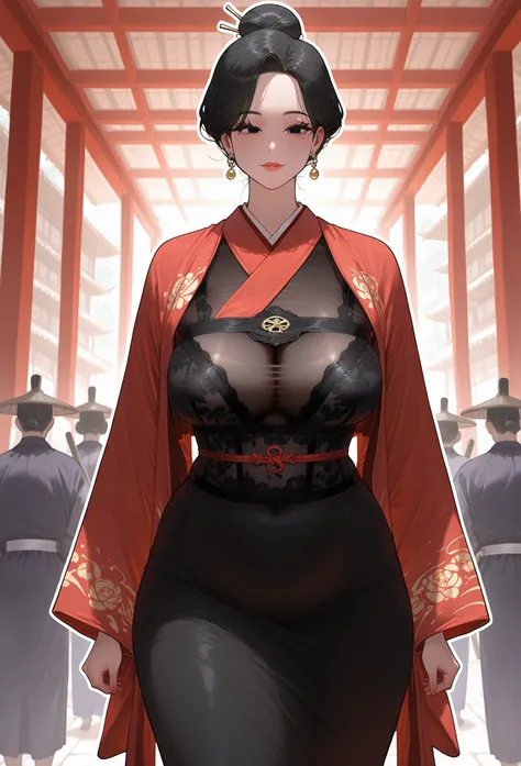 ((black hair), hair in a bun), (black eyes, perfect eyes),
red oriental kimono, 
((black sheer bust panel:1.3), bust transparency only), 
standing in an eastern village, samurai in the background, people with oriental looks in the background,
(milf, mother...