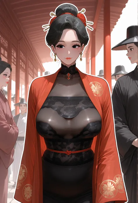 ((black hair), hair in a bun), (black eyes, perfect eyes),
red oriental kimono, 
((black sheer bust panel:1.3), bust transparency only), 
standing in an eastern village, samurai in the background, people with oriental looks in the background,
(milf, mother...