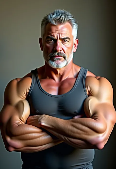 Hyper-realistic image in 4K, high fidelity, of a mature man with a powerful, stocky build—broad shoulders, naturally muscular arms, and a slightly fuller physique that conveys both strength and warmth. His silver-gray hair is neatly groomed, and his face, ...