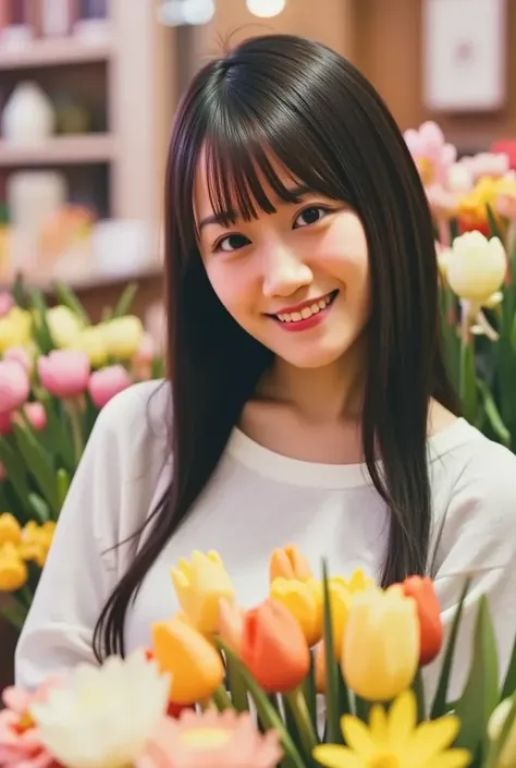 masterpiece、 high res、Flower Shop Clerk 、 22 year old girl、１Female store clerk、 She wears a simple apron over her blouse、 staring at the camera.、smile、 finished like the picture 、Flowers and a girl、 your skin is white and beautiful、Her hair is long and bea...