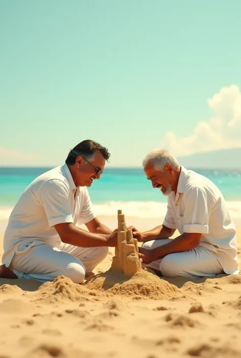 Jair Bolsonaro and LUIZ INÁCIO LULA DA SILVA, together in white on the beach sand playing castle