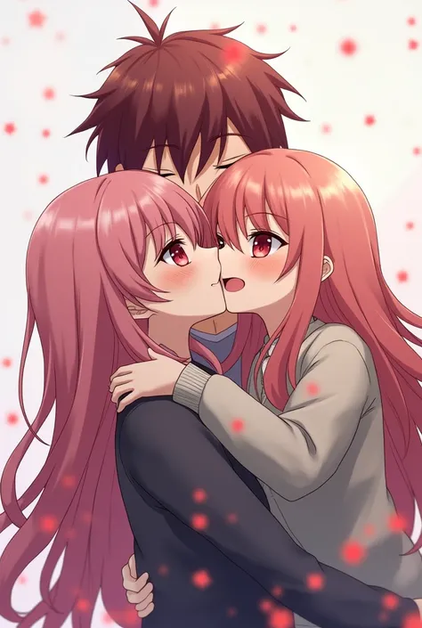 Anime girl with long pink hair, and red eyes, clinging to and hugging an anime guy very affectionately and lovingly. The anime girl is hugging the anime guy around his neck. The anime guy is slightly taller then the anime girl. The anime girl looks really ...