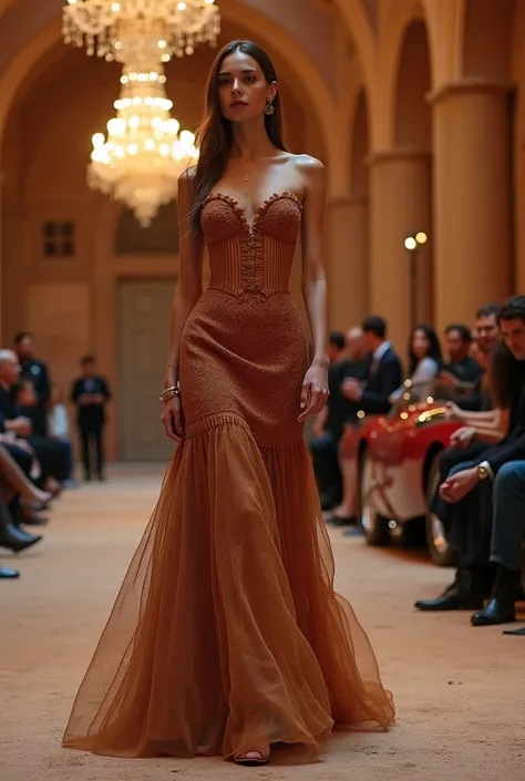 A formal closed corset dress with closed shoulders  , a dress made of thick fabric and with unique knitted details in the shape of the Petra building in Jordan in shades of brown against the background of a closed Martian desert-style room with chandeliers...