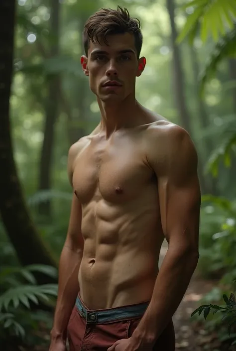 (Art work), ( high quality:1.2), ( Better quality:1.2), Sharp focus,  full body shot , A young man,  looking at the viewer,  short hair, 20 years, thin,  toned body , Muscular, scratched, in the middle of a jungle,  gigantic trees , natural lighting, (((1 ...