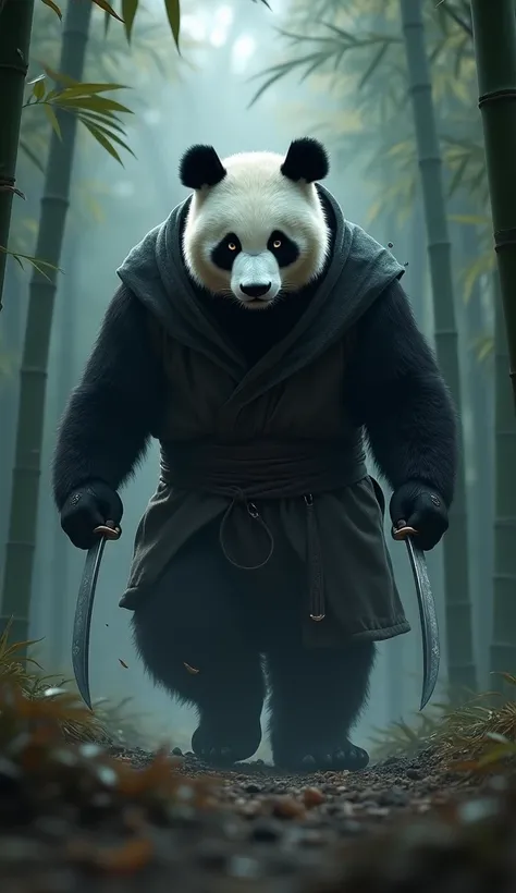 
A humanoid panda assassin with striking black and white fur and deep, calculating eyes, cloaked in a dark, weathered robe that blends seamlessly with the shadows. The panda walks upright on its powerful hind legs, its massive frame exuding a sense of calm...