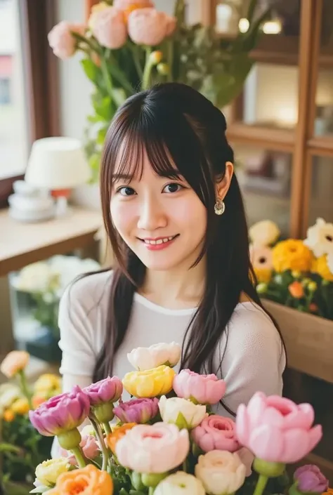 masterpiece、 high res、Flower Shop Clerk 、 22 year old girl、１Female store clerk、 she is wearing a simple apron over her blouse、 staring at the camera.、smile、 finished like the picture 、Flowers and a girl、 your skin is white and beautiful、Her hair is long an...