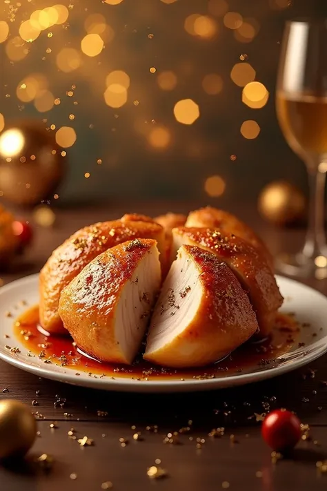  Place a round plate with a baked chicken cooked in half,  on a New Years background , Use gold color ,  and on the top that says  " Order your New Years dinner "