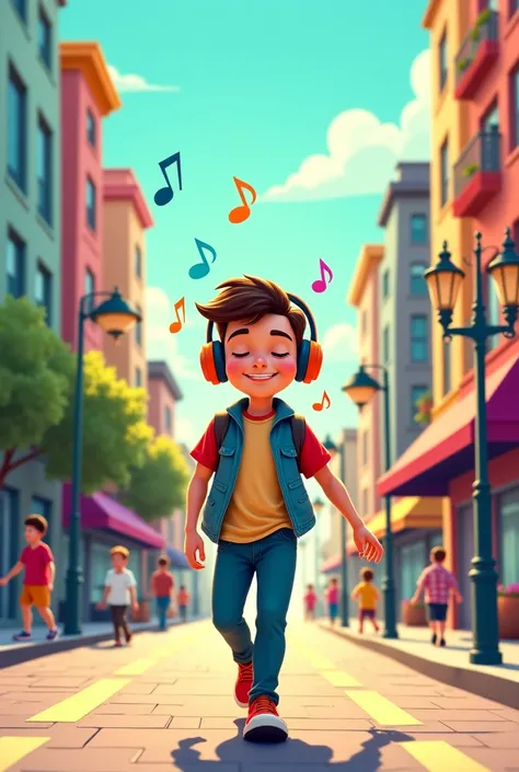 Young man walking down the street and smelling music with headphones, ANIMATED CHARACTER