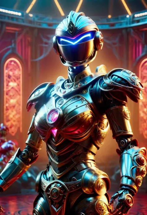 (female (Robot of power rangers)) wearing roman gladiator armor, the robot is fighting another robot, the robots are fighting in a gladiator arena, blurry background, neon lights, 