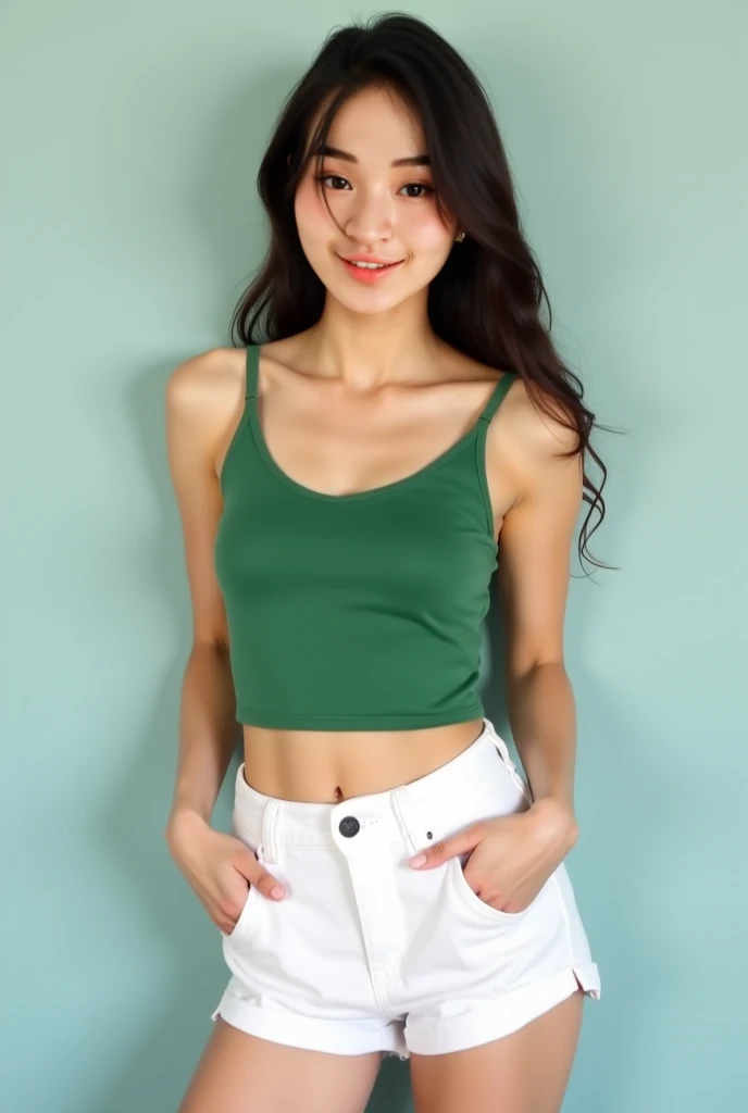 arafed asian woman in a green top and white shorts posing for a picture, wearing a sexy cropped top, wearing a tanktop, gorgeous chinese model, young and cute girl, wearing tight simple clothes, flat chested, wearing a cute top, attractive body, attractive...