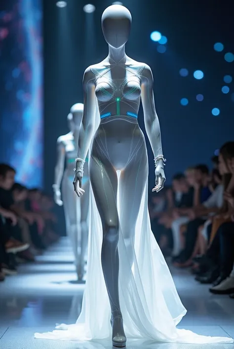 Design me a fluid ready-to-wear outfit,  transparent and slightly colored mannequin outfit during a fashion show inspired by space, Sportswear et élégant en meme temps 