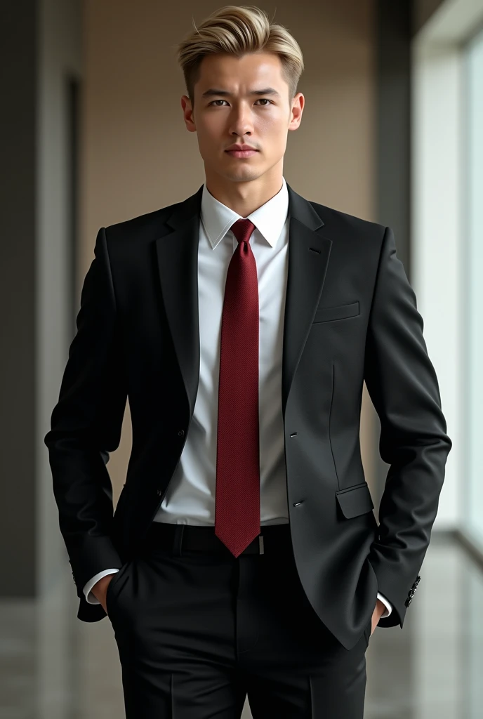 jeune homme blond costume noir chemise blanche cravate rouge sombre, business man, photo réaliste