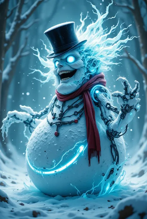 In a realm of ethereal wonder, a biomechanical snowman, 4byss, emerges, his translucent head aglow with soft blue and white hues, delicate neural fibers pulsing within like bioluminescent veins. His body, a blend of synthetic flesh and mechanical component...